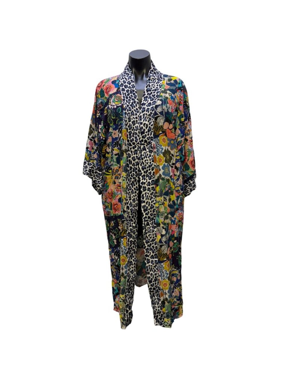 Johnny Was Long Kimono Cardigan Multi-Color Floral Leopard Print XS